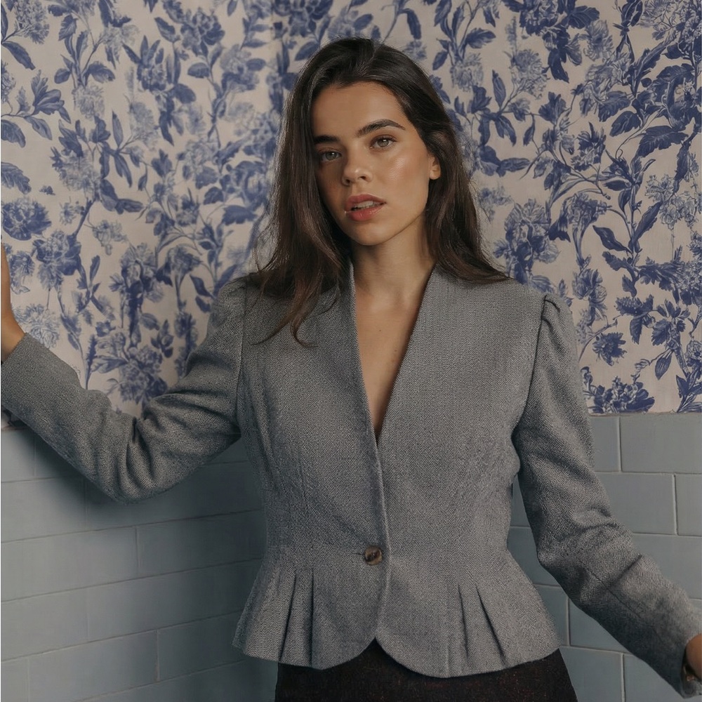 Steven Michaels Grey Herringbone Cropped Blazer Jacket Puffed Shoulder VTG USA